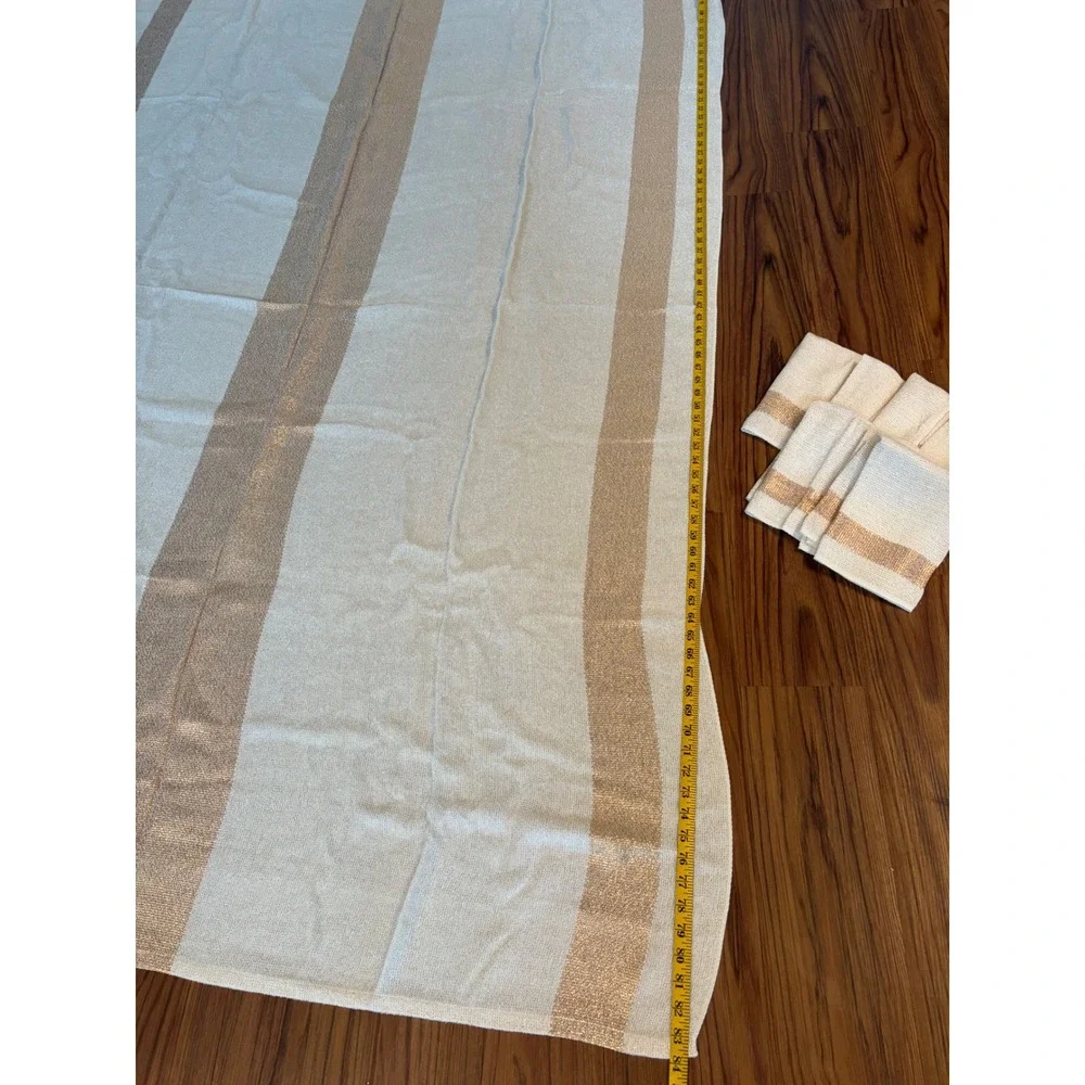 Vintage Chicago Weaving Corp Gold Metallic Striped Tablecloth and 8 Napkins Set